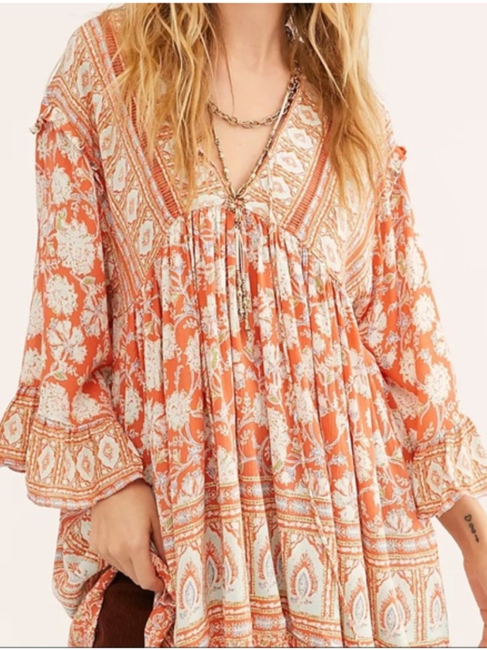 Free People Moonlight Dance Orange and Cream Printed Boho V-Neck Tunic